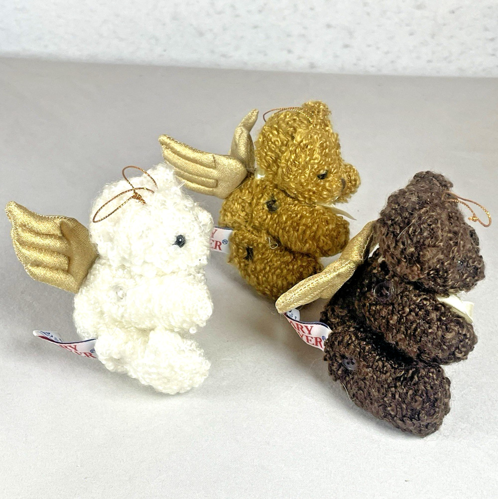 Mary Meyer 1994 Plush Teddy Bear Angel Christmas Ornament x3 White Brown Tan Vtg